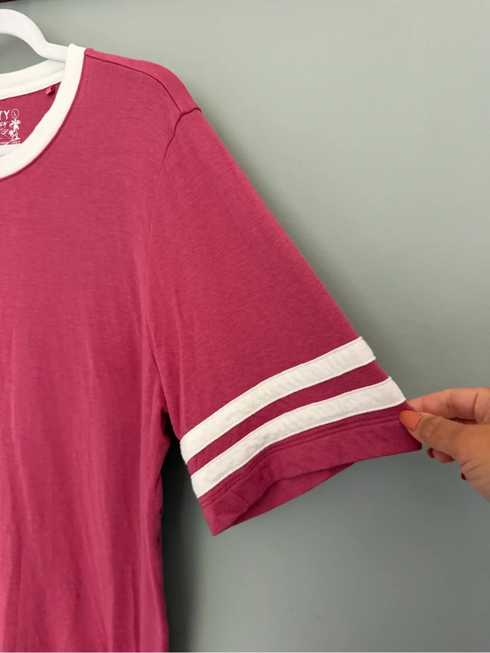 Faherty Berry Pink White Varsity Stripe Cloud Cotton Ringer Tee Shirt - Picture 7 of 16